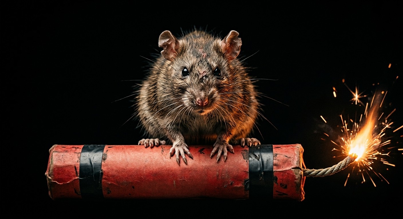 A rat perched on a stick of dynamite with a lit fuse